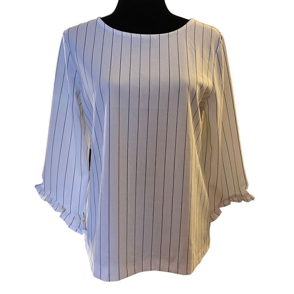 Ann Taylor Factory White with Black Pinstripes 3/4 Length Sleeves Top‎ Size M